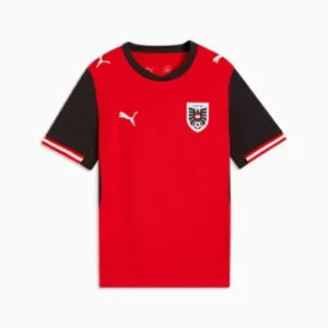 Front view of Austria 2026 World Cup kids soccer kit with jersey and shorts.