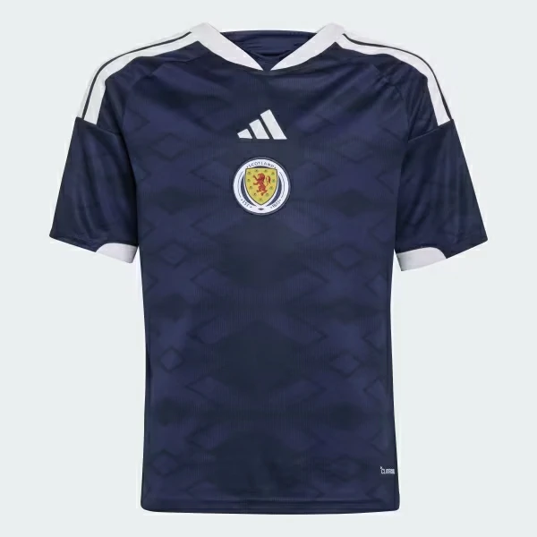 Front view of Scotland 2026 World Cup kids soccer kit with jersey and shorts.