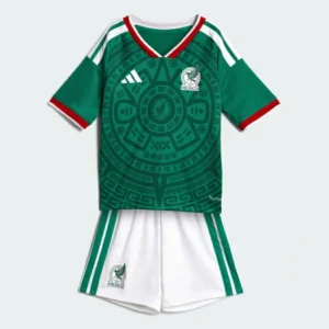 Front view of Mexico 2026 World Cup kids soccer kit with jersey and shorts.