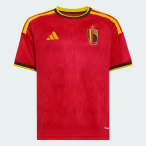 Front view of Belgium 2026 World Cup kids soccer kit with jersey and shorts.