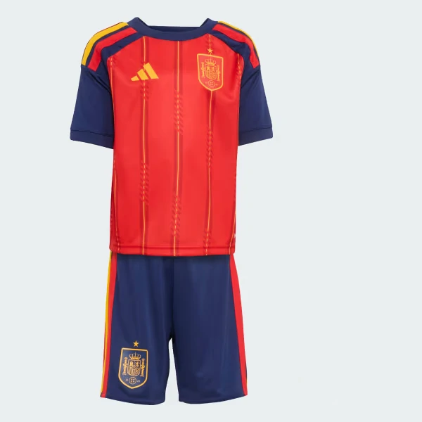 Front view of Spain 2026 World Cup kids soccer kit with jersey and shorts.