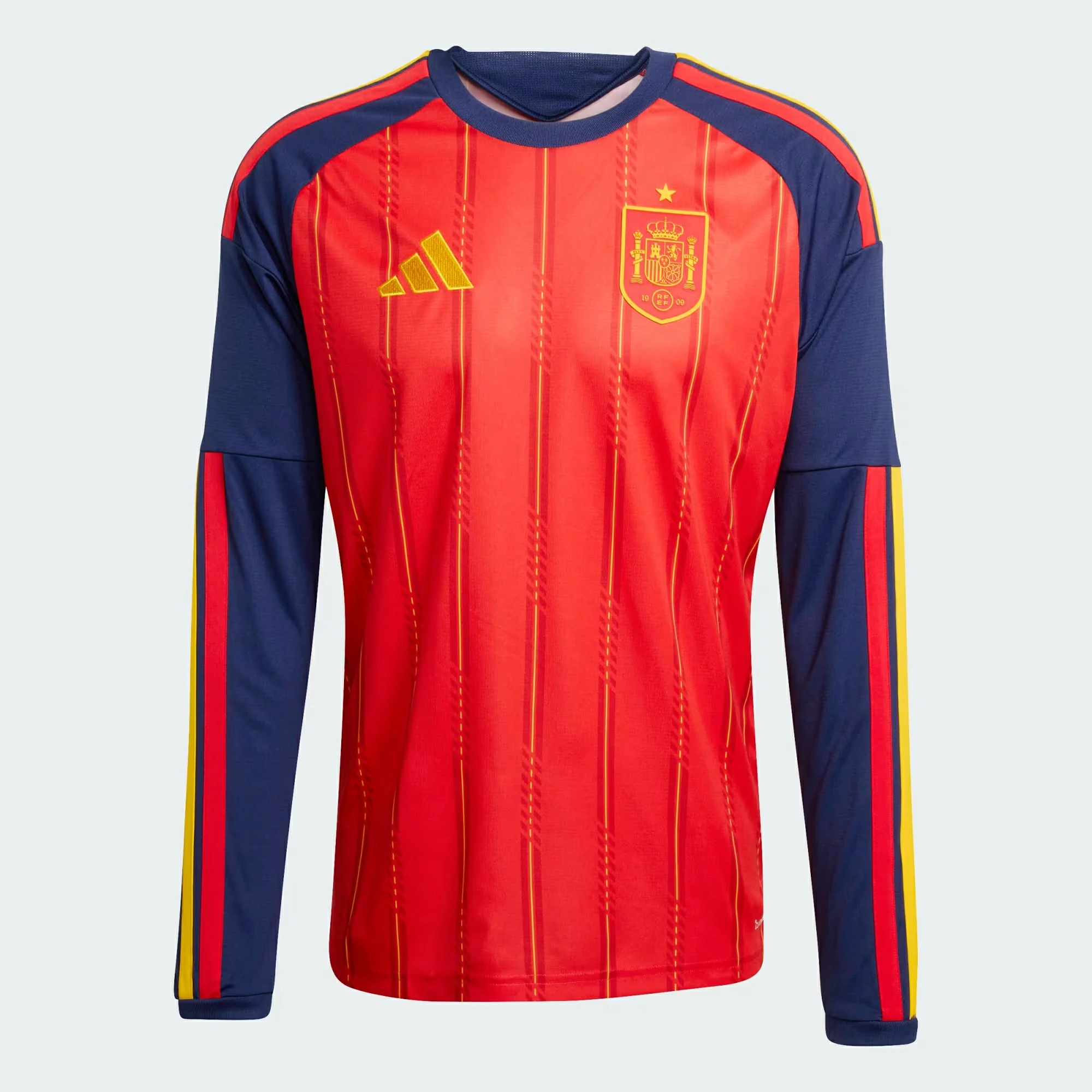 Long sleeve Spain 2026 World Cup home soccer jersey front view.