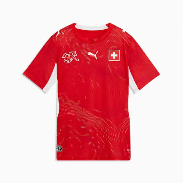 Front view of Switzerland 2026 World Cup kids soccer kit with jersey and shorts.