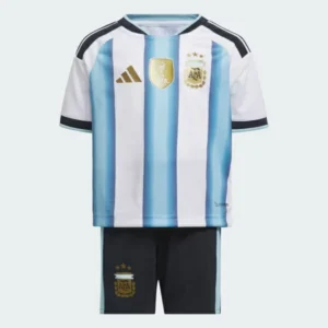Front view of Argentina 2026 World Cup kids soccer kit with jersey and shorts.