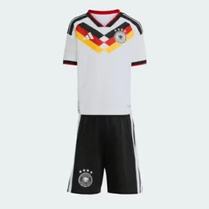 Front view of Germany 2026 World Cup kids soccer kit with jersey and shorts.