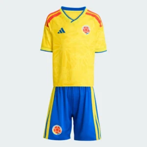 Front view of Colombia 2026 World Cup kids soccer kit with jersey and shorts.