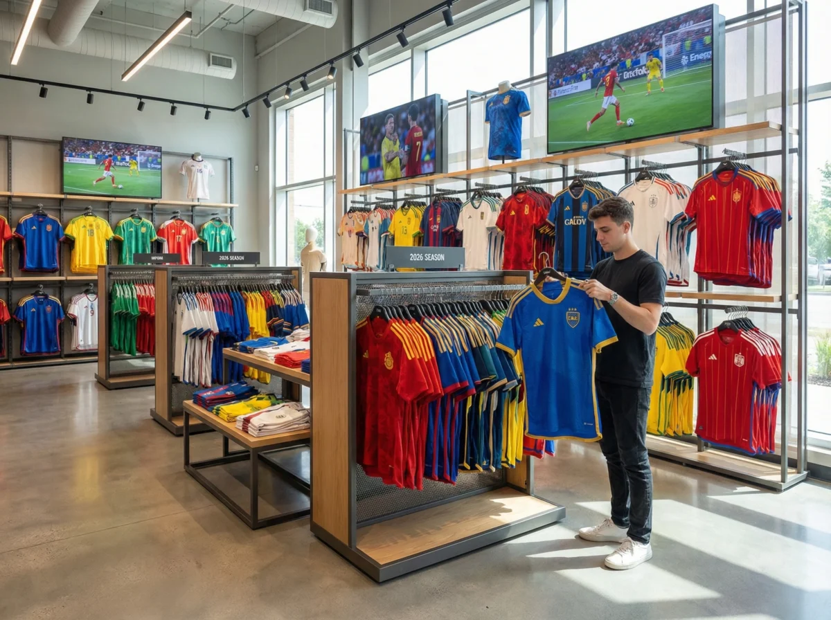 Wholesale football jerseys display in retail sports shop.