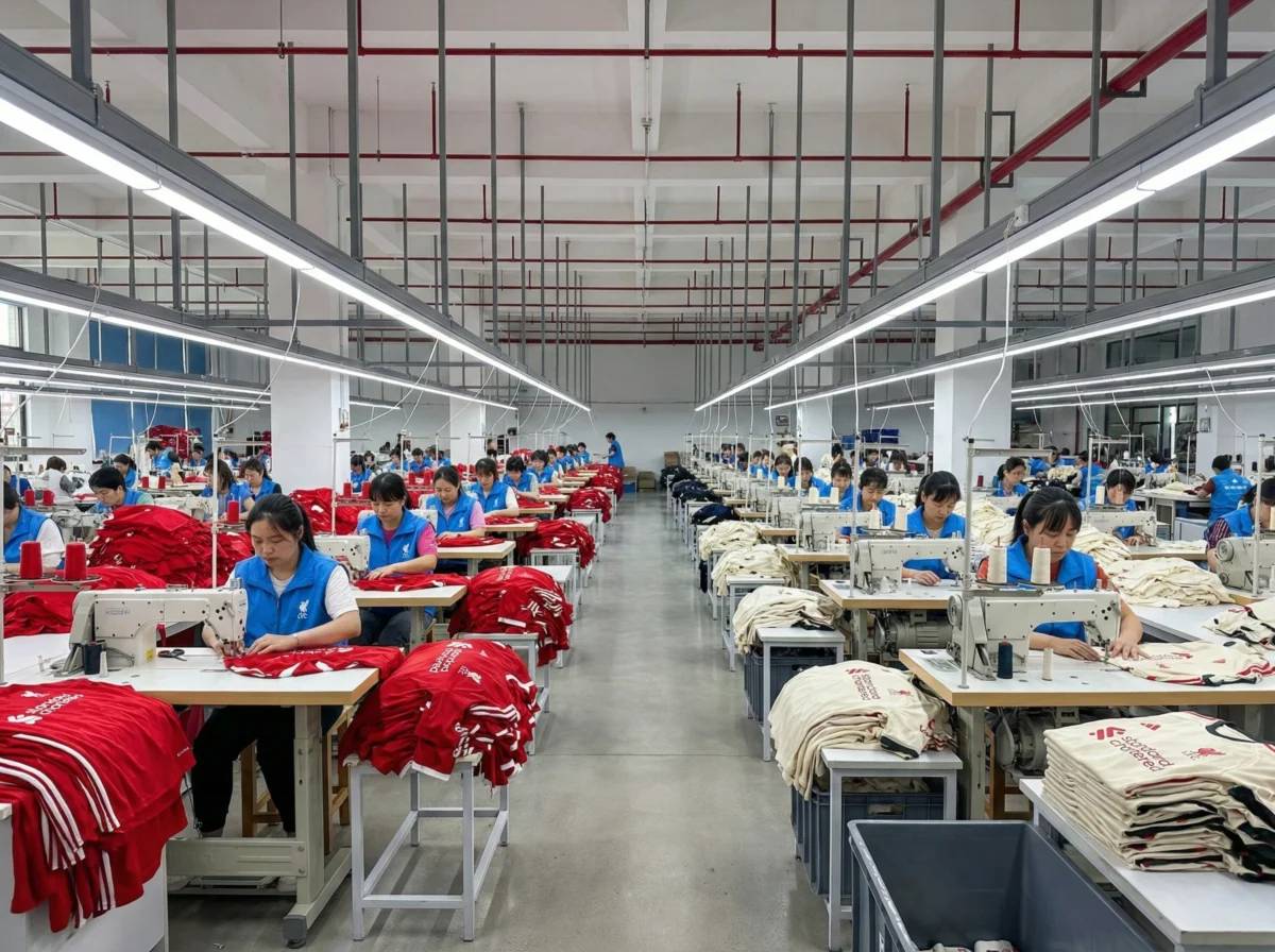 Professional football jersey manufacturing factory production line with high daily capacity.