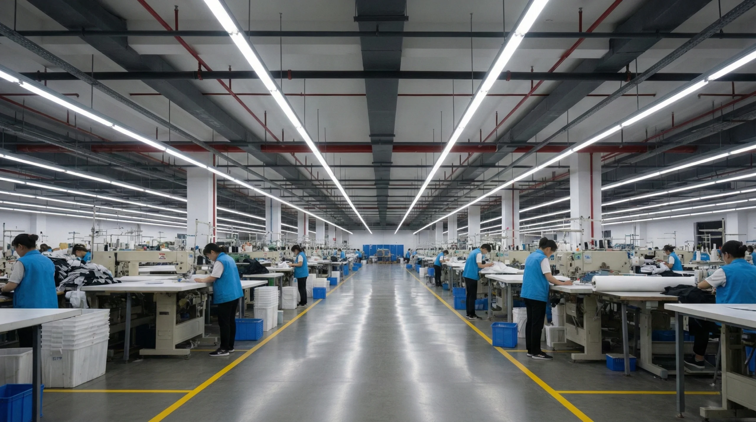 Panoramic view of a modern professional football jersey manufacturing factory in China, showing large-scale production lines and advanced machinery.