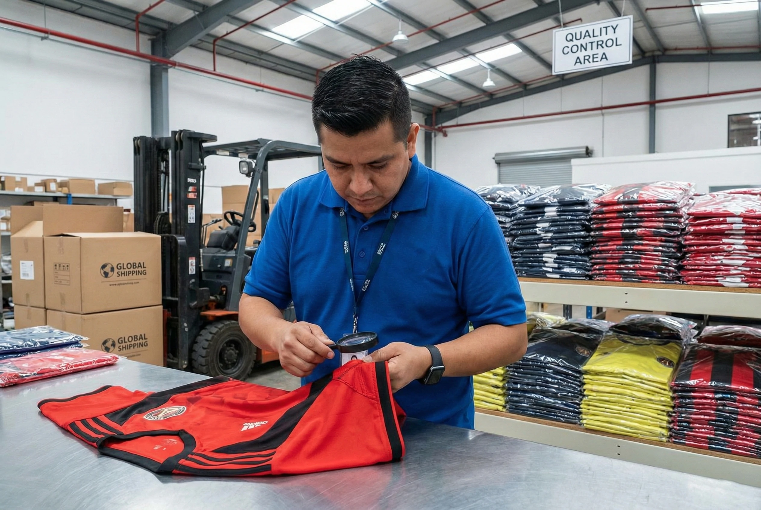 Final quality control inspection and packaging of wholesale football jerseys before global shipping.