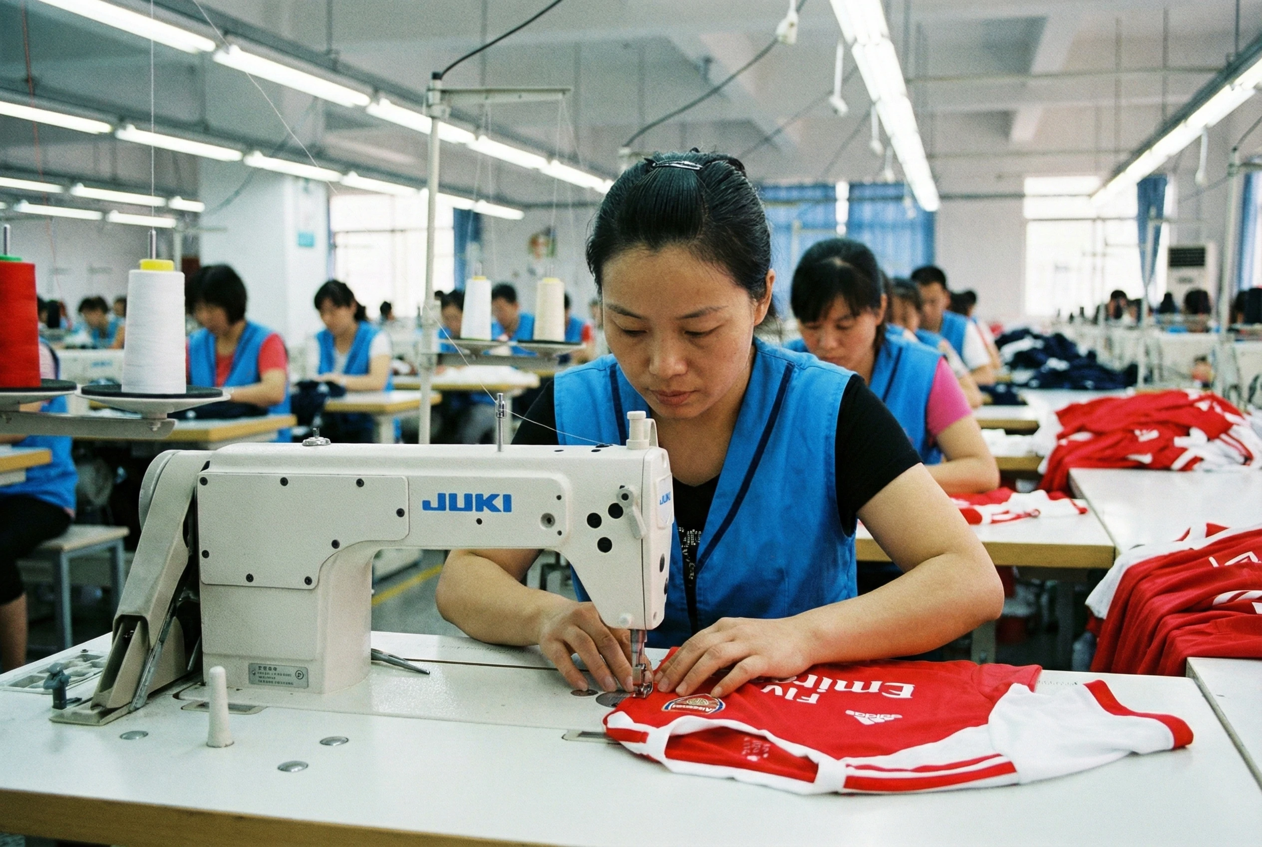Skilled workers stitching high-quality football jerseys in our Dongguan factory production line.