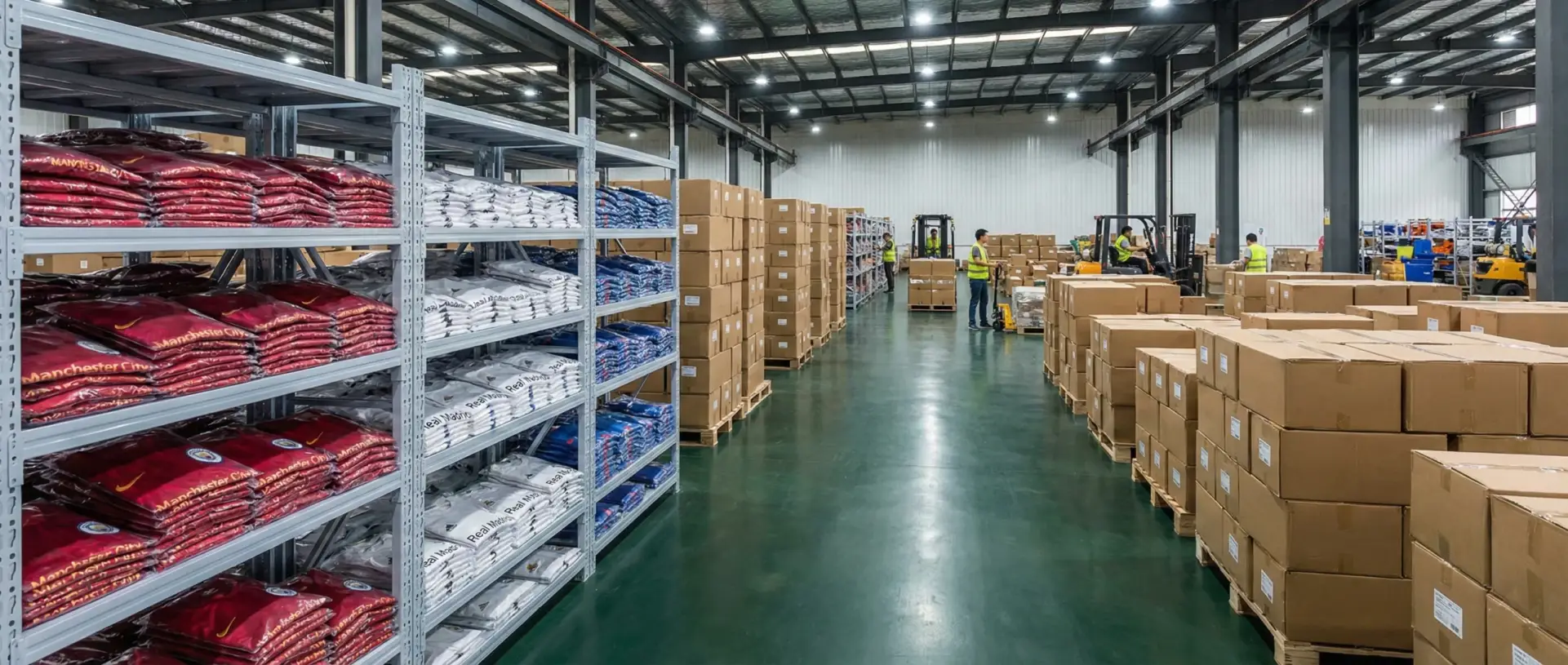 Real factory warehouse organized with thousands of packaged soccer jerseys ready for wholesale distribution.