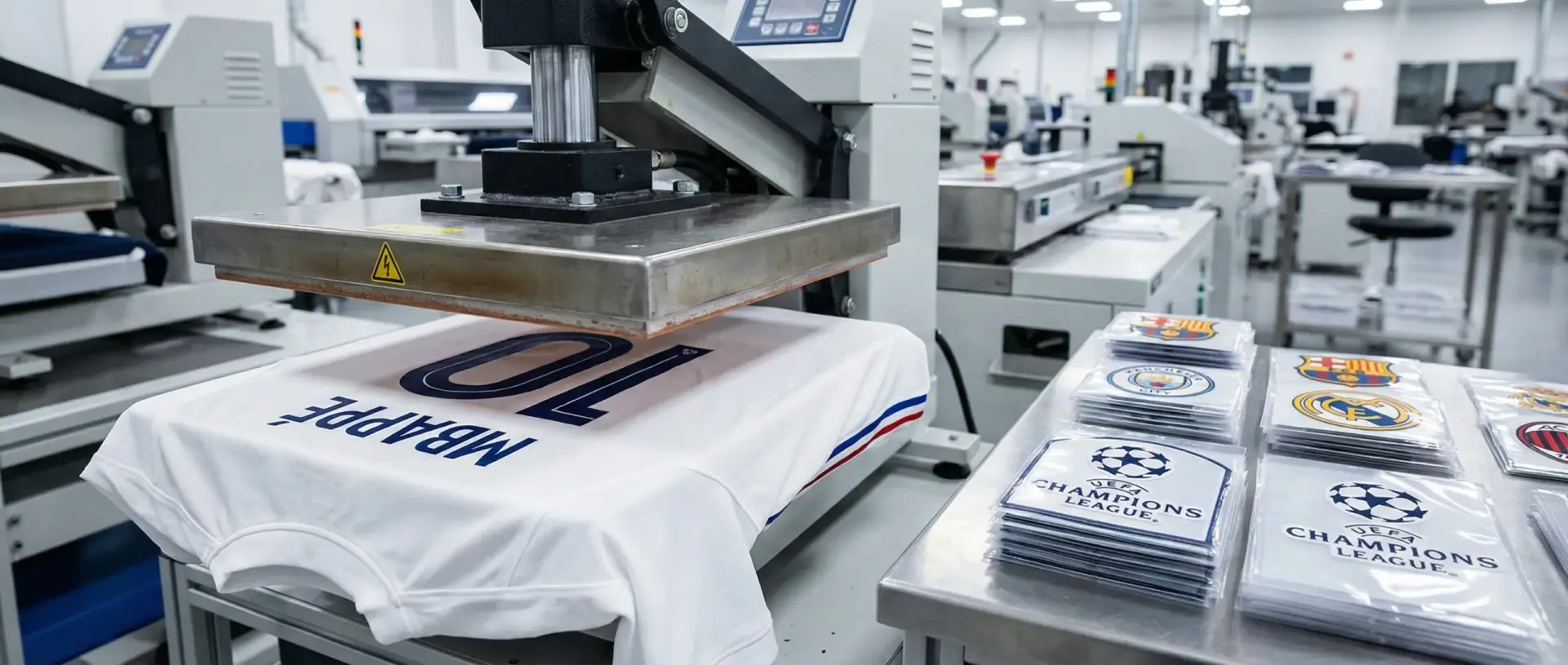 Professional custom printing and embroidery services for bulk football kits, showing heat press application.