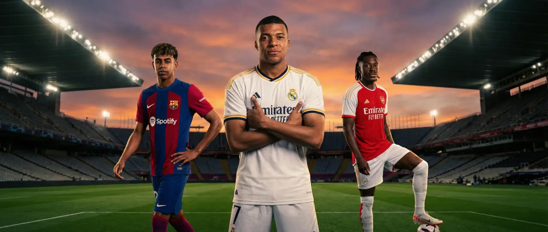Global football icons Eze, Mbappe, and Yamal strike dynamic poses on the pitch in their new 2026 season jerseys, available for wholesale.